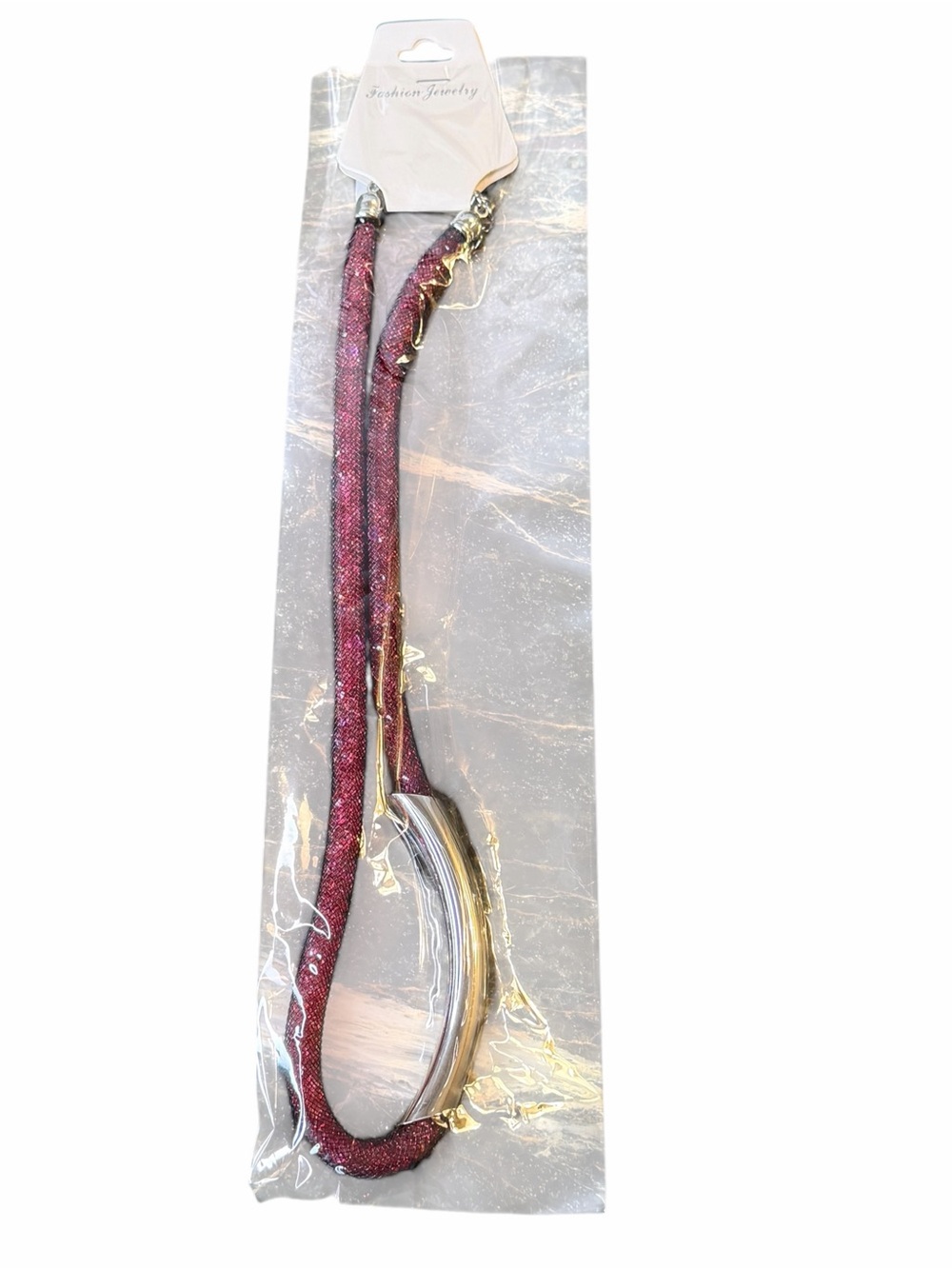 Burgundy Red Sparkle Mesh Tube Curved Bar Necklace Silver Tone